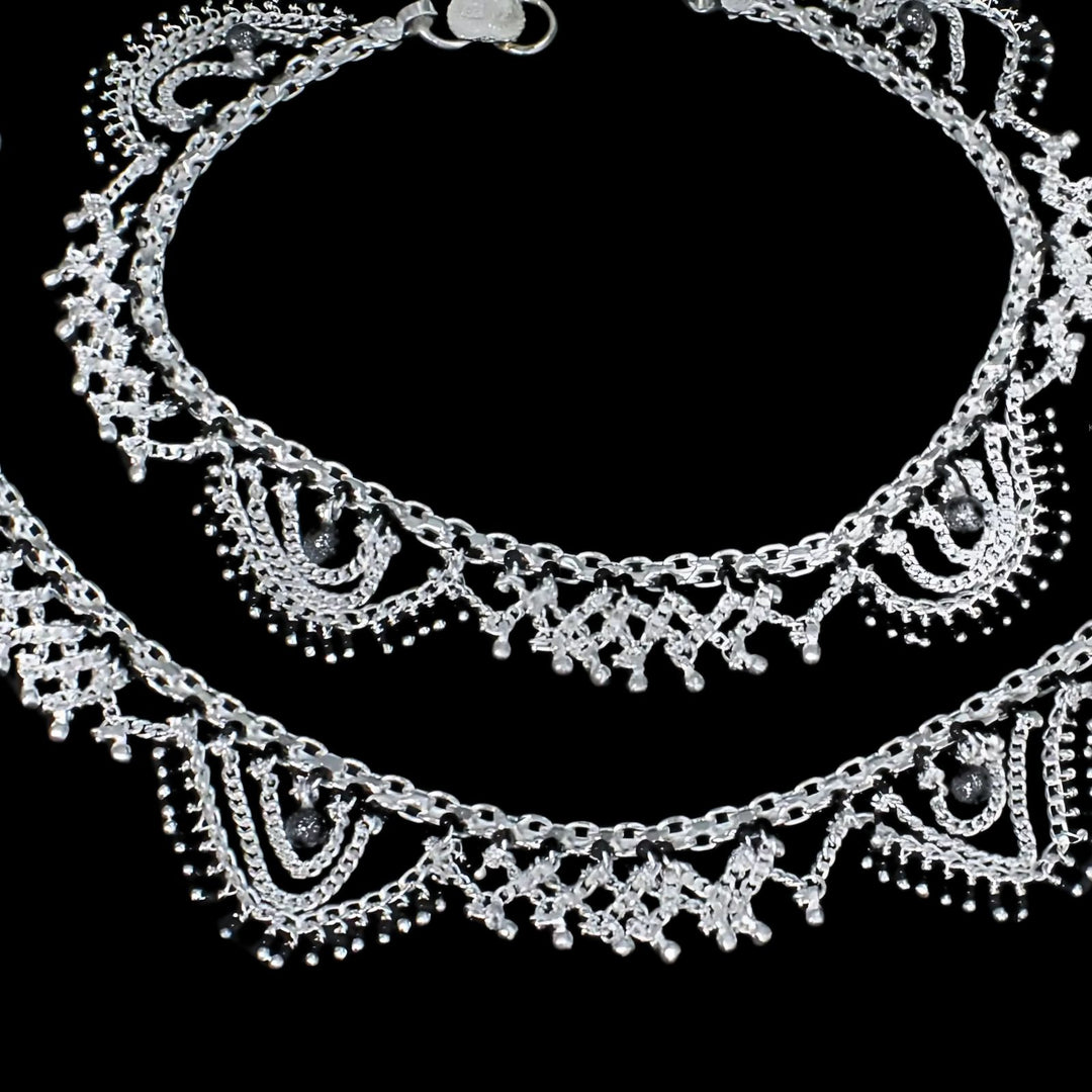 Real Sterling Silver Black Beads Indian women Jhallar Anklets Ankle Pair 10.5"