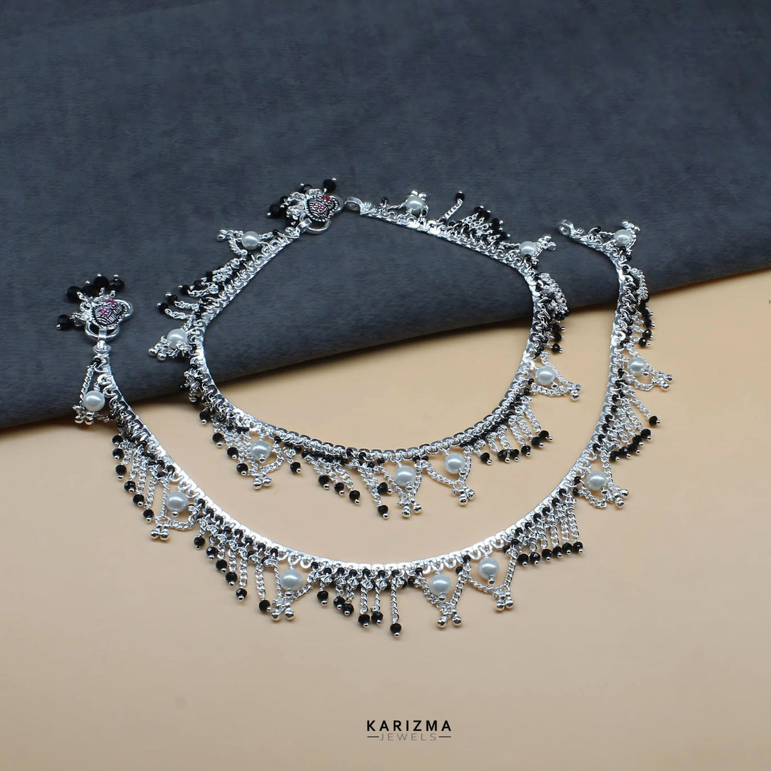 Jewellery Silver Payal With Black Moti Real Sterling Silver Black