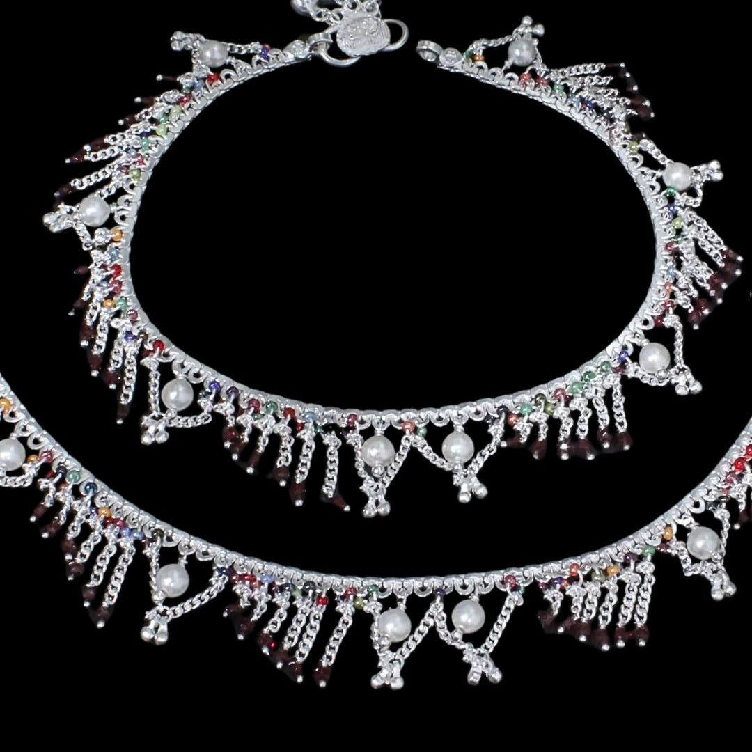 Real Sterling Silver Multi Beads Indian women Jhallar Pearl Anklets Ankle Pair 10.5"