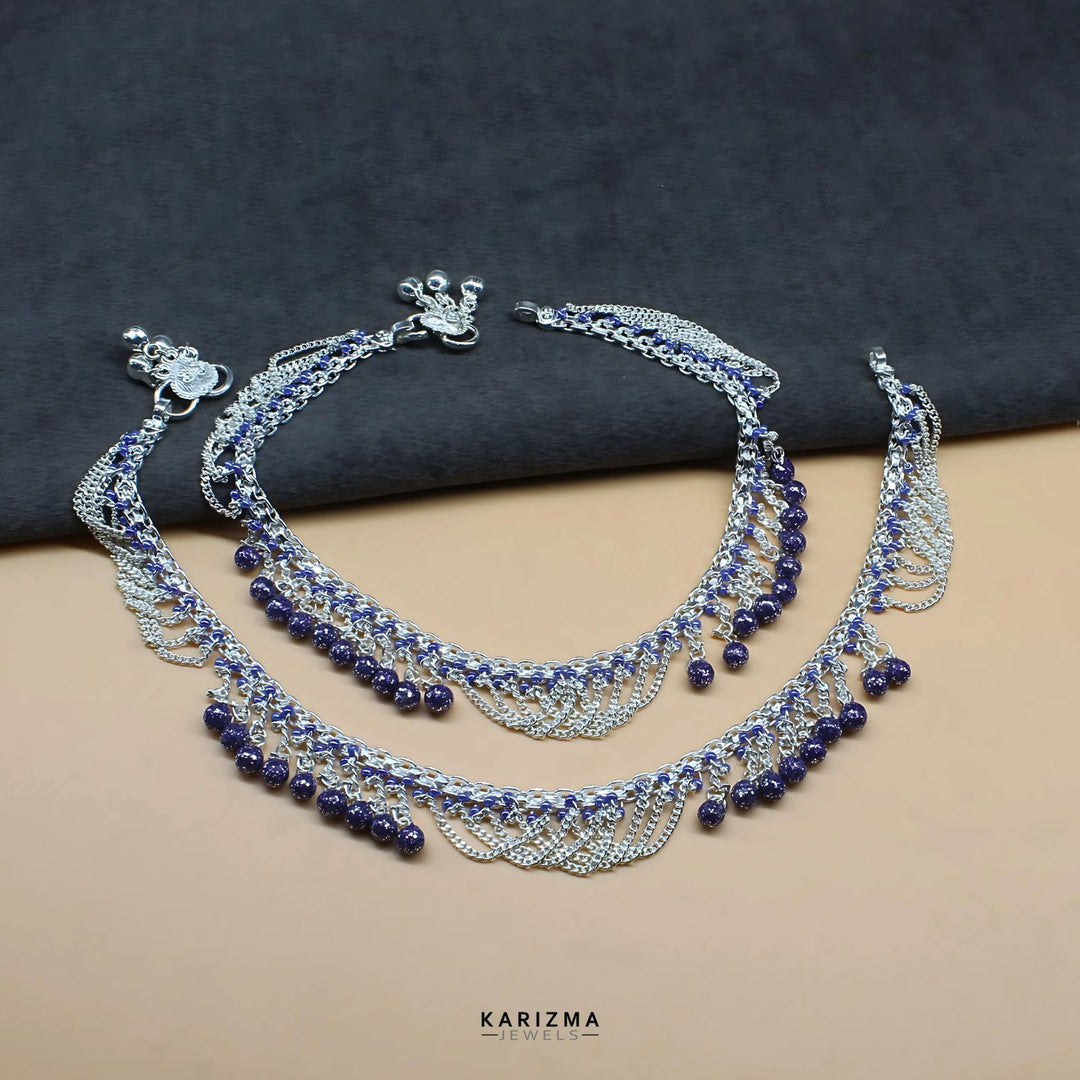 Unique Real Sterling Silver Violet Beads Indian women Jhallar Anklets Ankle Pair 10.5"