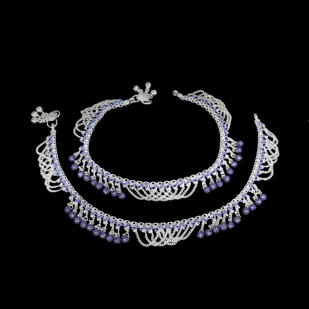 Unique Real Sterling Silver Violet Beads Indian women Jhallar Anklets Ankle Pair 10.5"