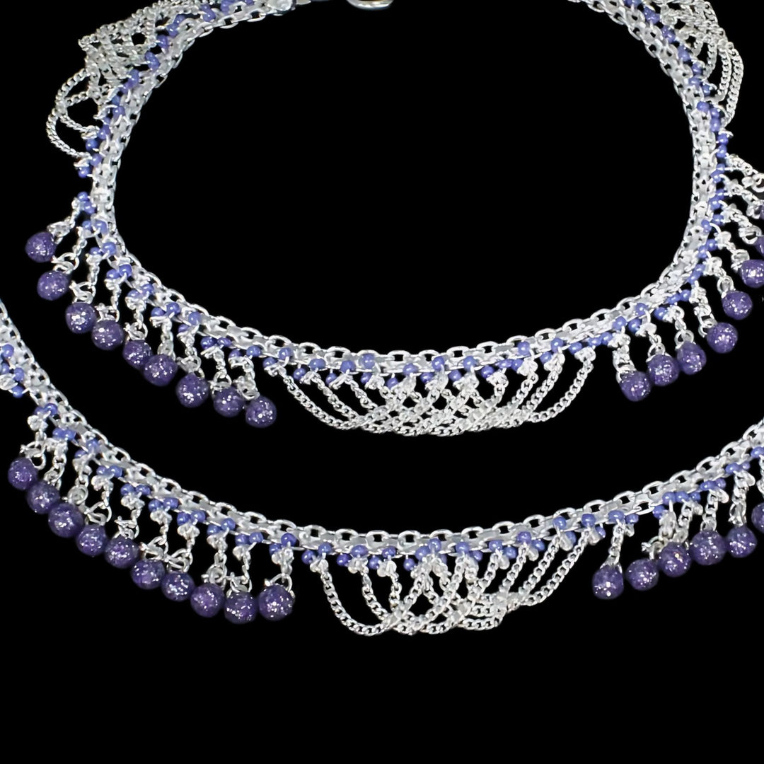 Unique Real Sterling Silver Violet Beads Indian women Jhallar Anklets Ankle Pair 10.5"