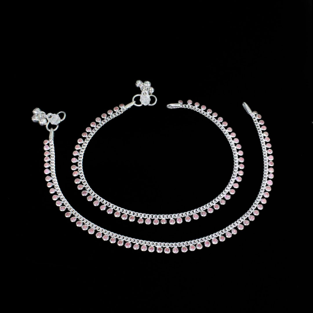 Real Sterling Silver Pink CZ Indian women Excellent gifting Anklets Ankle Pair 10.3"