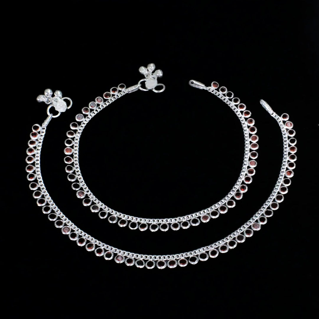 Real Sterling Silver Red CZ Indian women girlish Anklets Ankle Pair 10.3"