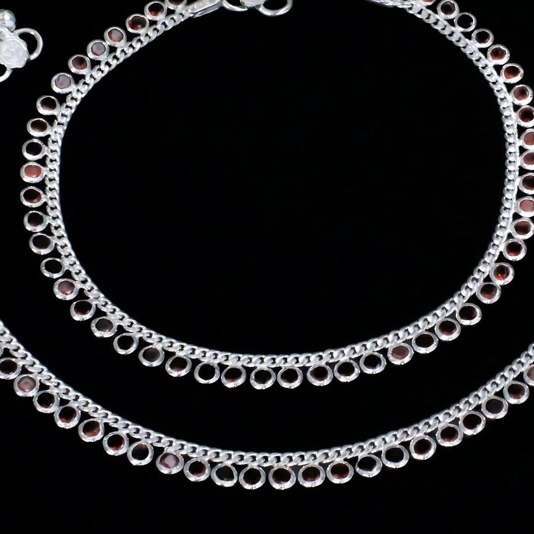 Real Sterling Silver Red CZ Indian women girlish Anklets Ankle Pair 10.3"