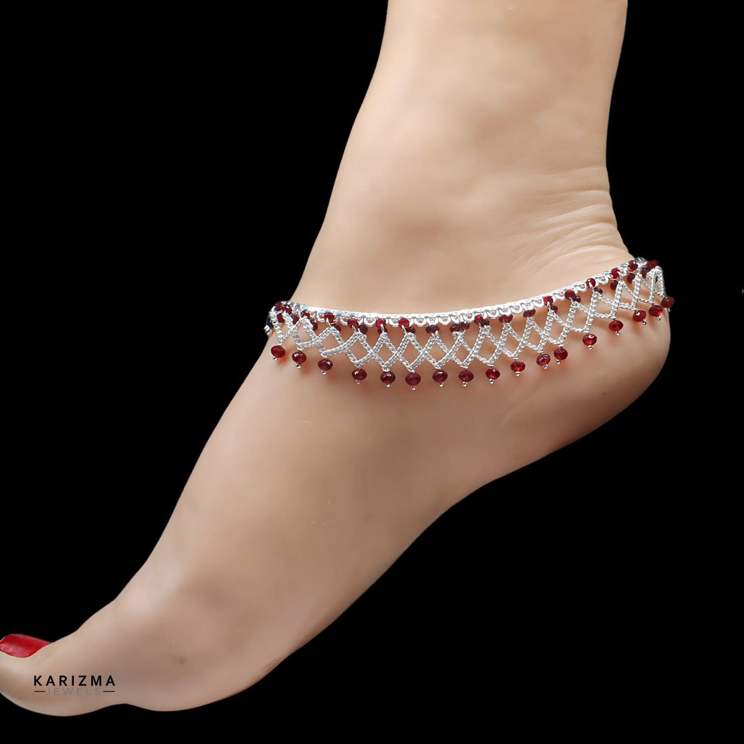 Real Sterling Silver Black Red Beads Indian women gifting Anklets Ankle Pair 10.5"