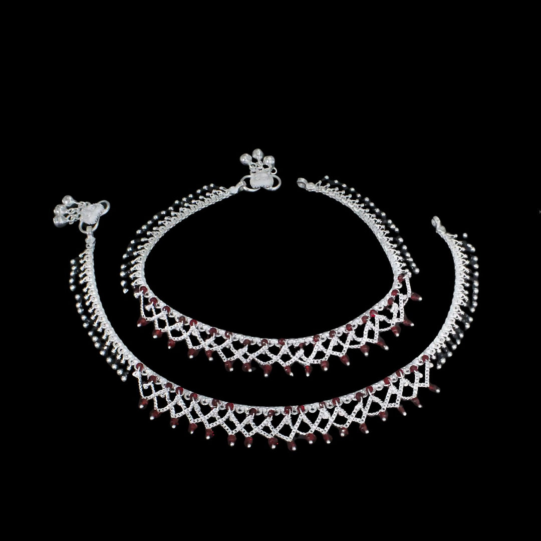 Real Sterling Silver Black Red Beads Indian women gifting Anklets Ankle Pair 10.5"