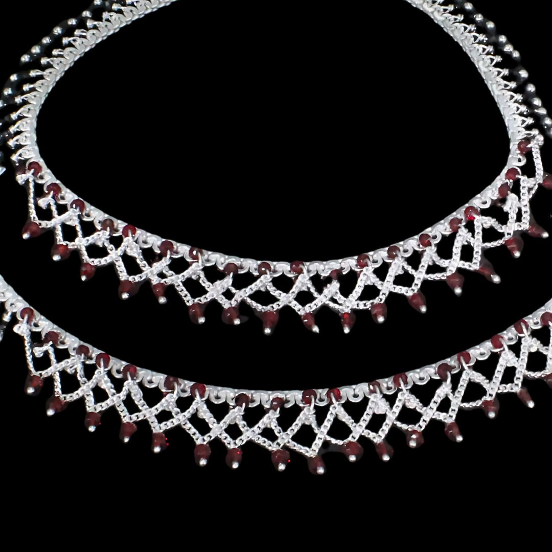 Real Sterling Silver Black Red Beads Indian women gifting Anklets Ankle Pair 10.5"