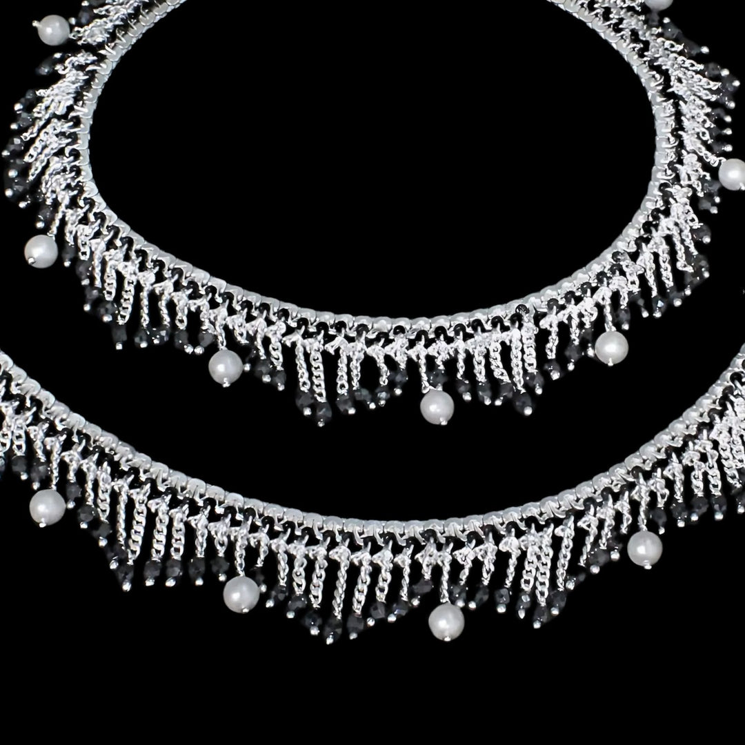 Trendy style Real Silver Black Beads with Pearl Indian women jhallar Anklets Ankle Pair 10.5"