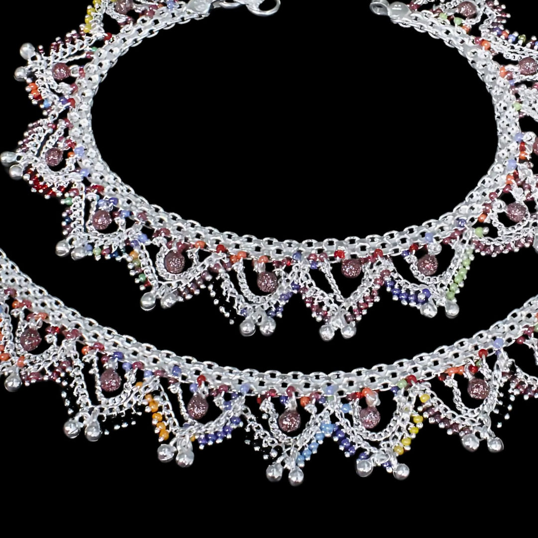 Bridle style Real Silver Multi Beads Indian women jhallar Anklets Ankle Pair 10.5"