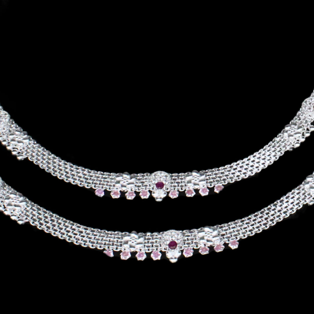 Real Sterling Silver Indian women Pink White CZ Anklets Ankle Pair 10.3"