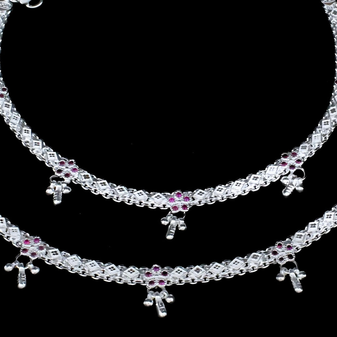 Real Sterling Silver Indian women CZ Party Wear Anklets Ankle Pair 10.3"