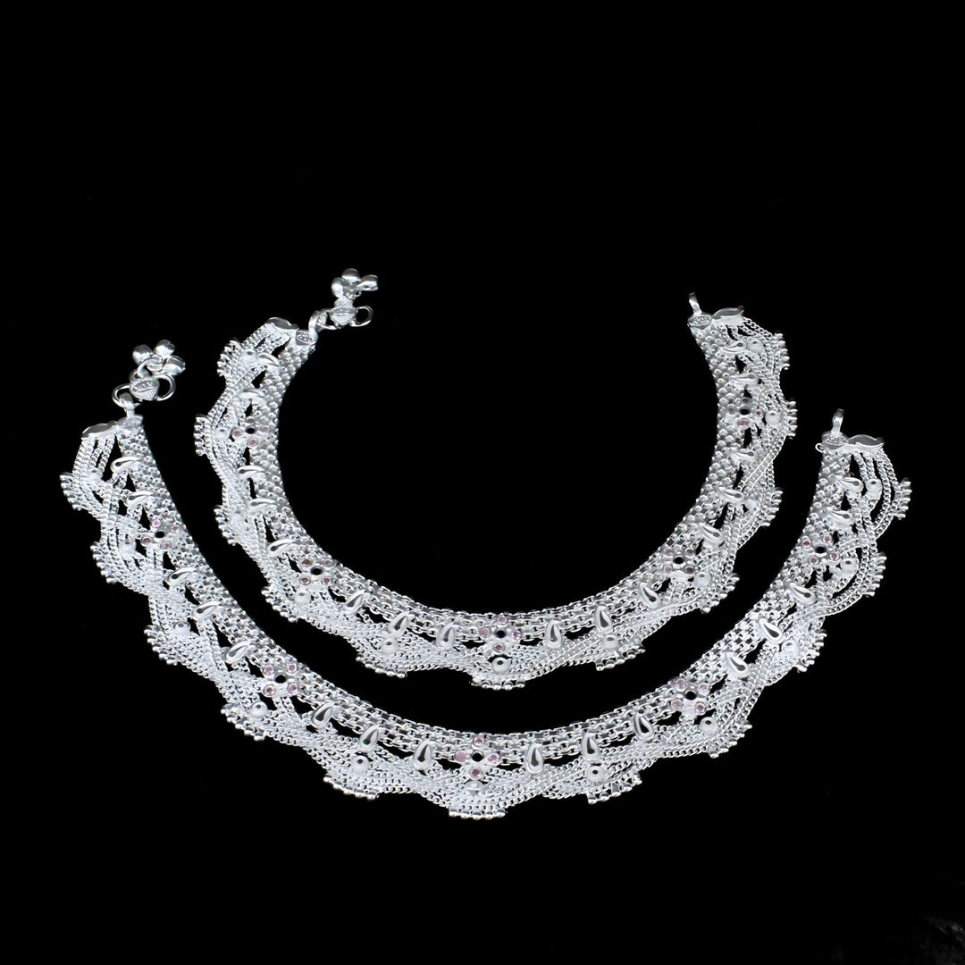 Indian cultural design Real Sterling Silver Multi CZ women Anklets Ankle Pair 10.3"