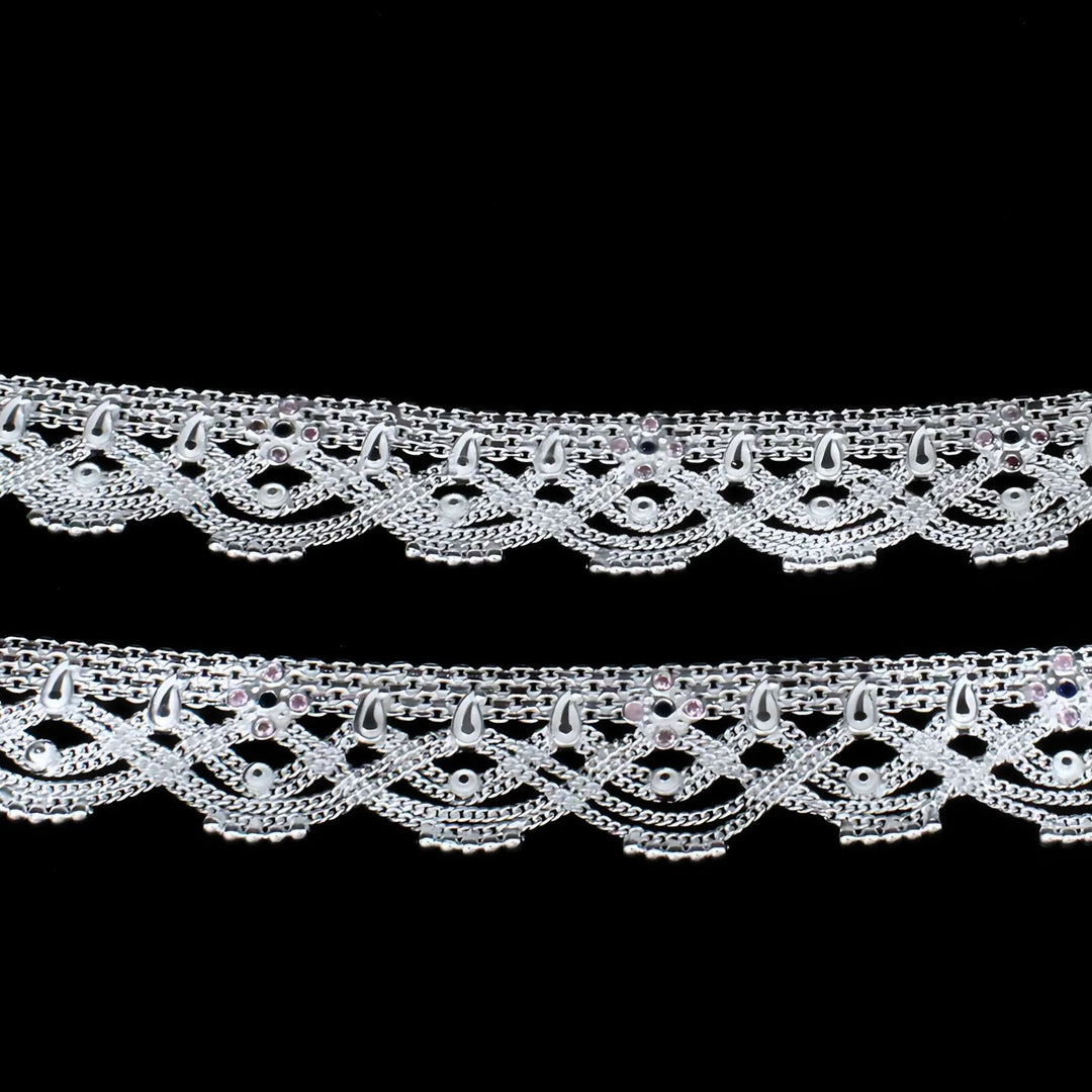 Indian cultural design Real Sterling Silver Multi CZ women Anklets Ankle Pair 10.3"