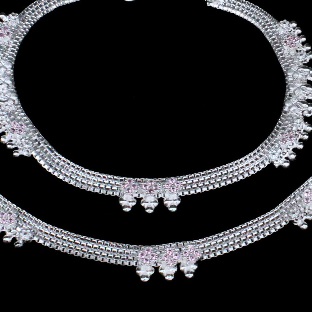 Cultural design Pink CZ Sterling Silver Indian women Anklets Ankle Pair 10.3"