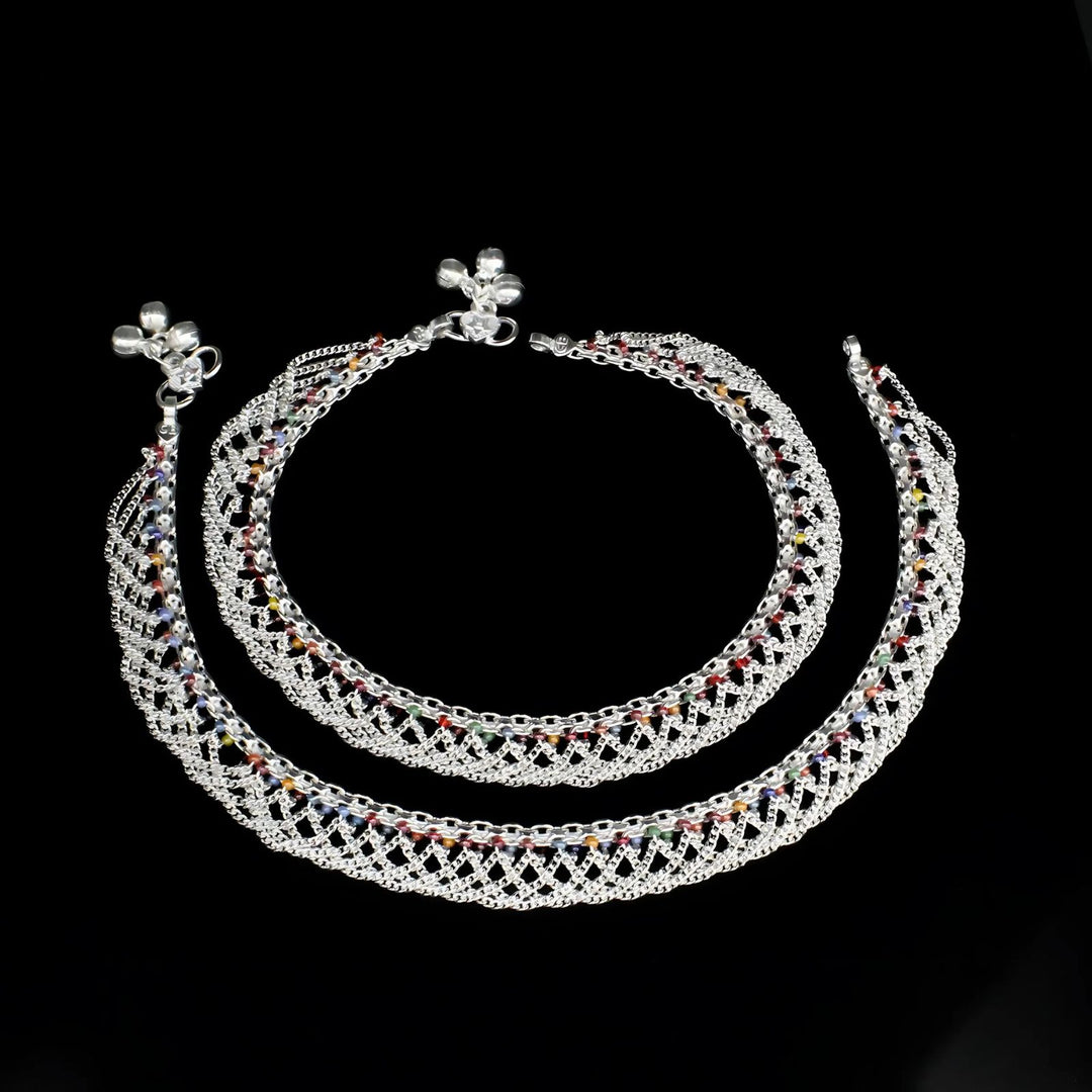 Real Silver Multi Beads Indian women jhallar Anklets Ankle Pair 10.5"