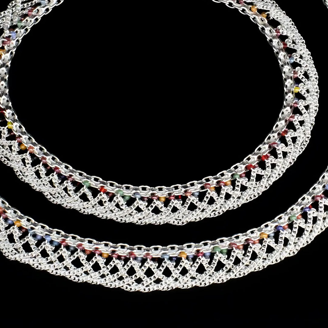 Real Silver Multi Beads Indian women jhallar Anklets Ankle Pair 10.5"