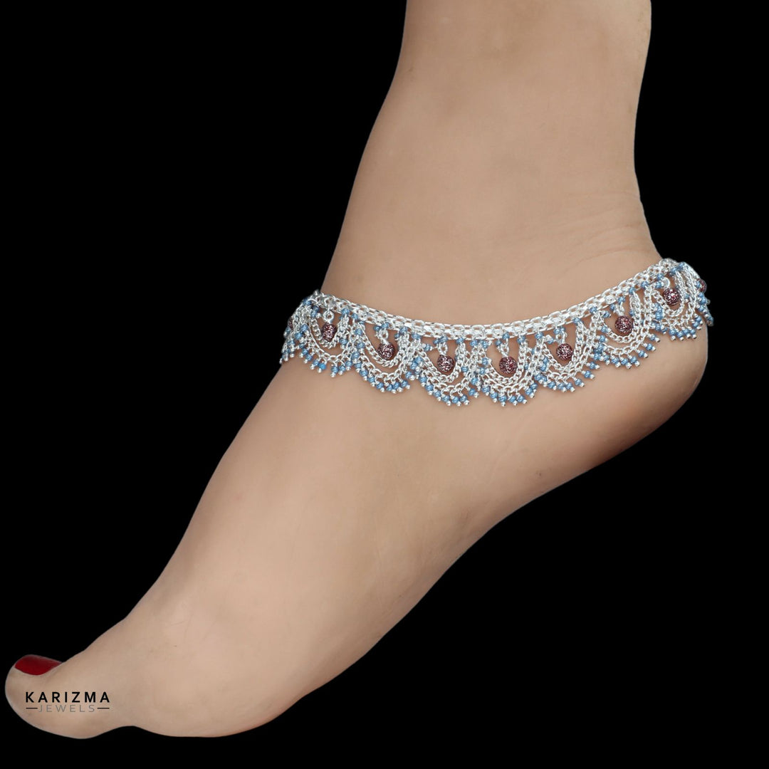 Real Silver Blue Beads Indian women  brides collection jhallar Anklets Ankle Pair 10.5"