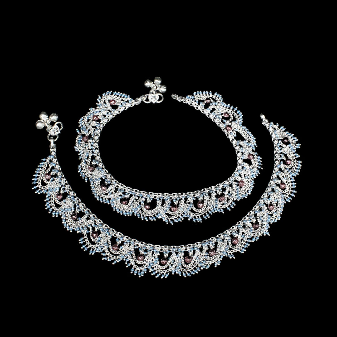 Real Silver Blue Beads Indian women  brides collection jhallar Anklets Ankle Pair 10.5"