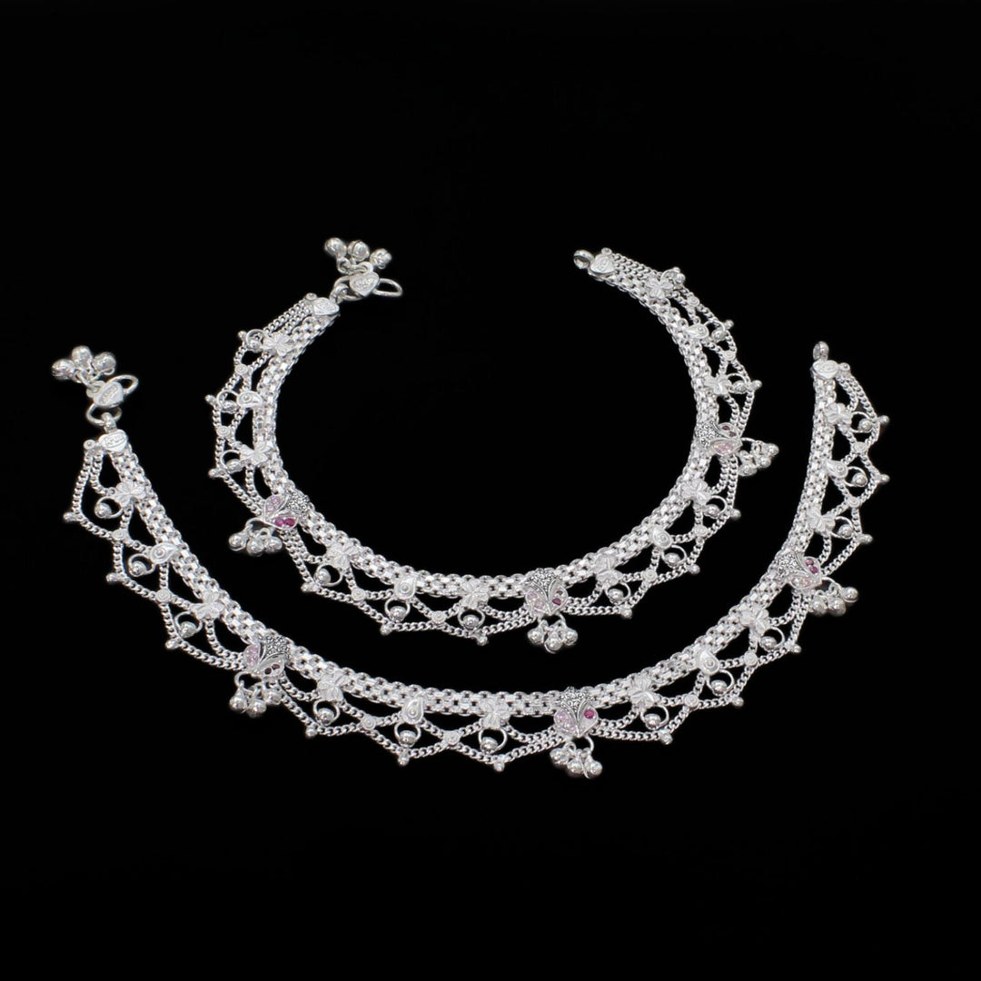 Real Silver Indian women new collection pink CZ Anklets Ankle Pair 10.3"