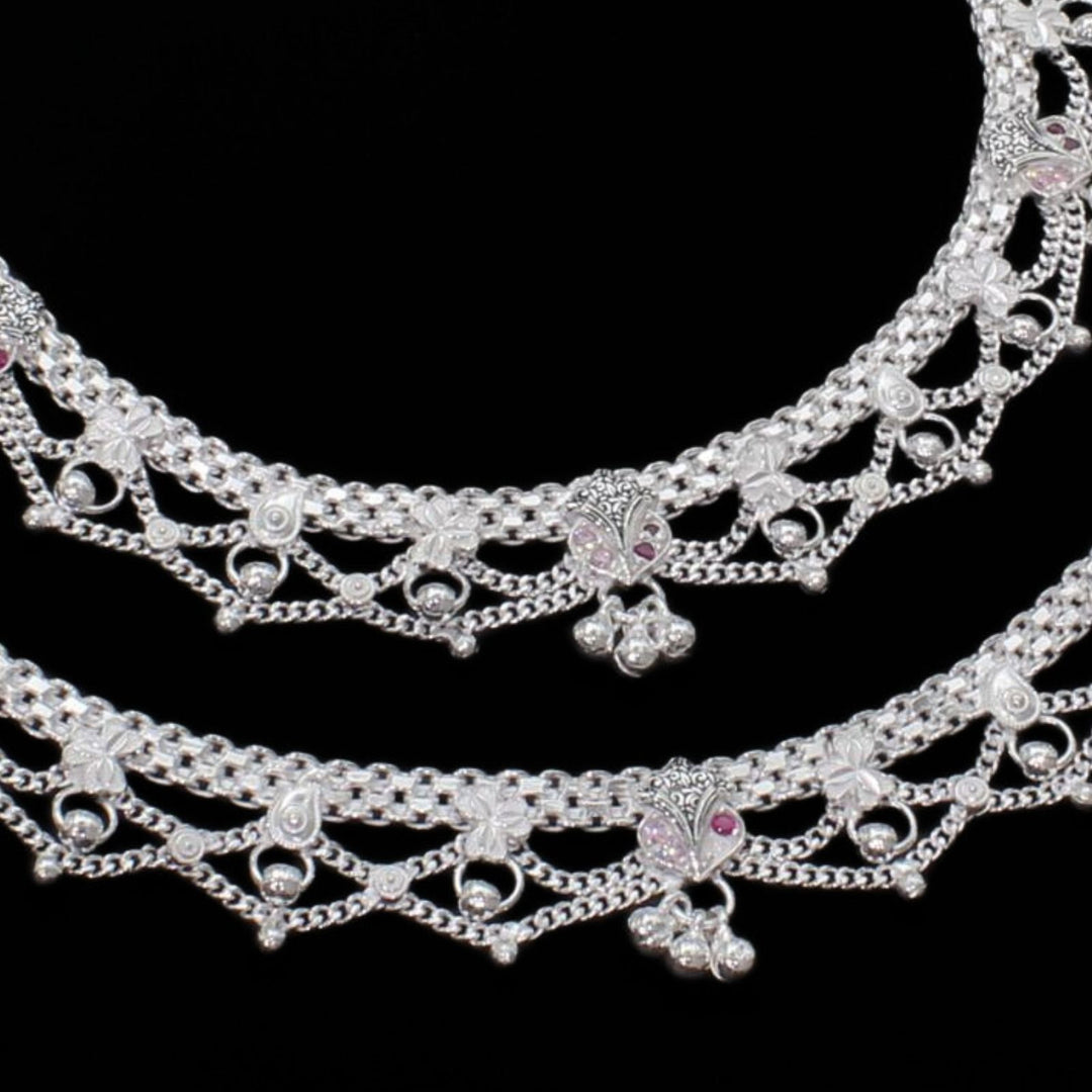 Real Silver Indian women new collection pink CZ Anklets Ankle Pair 10.3"