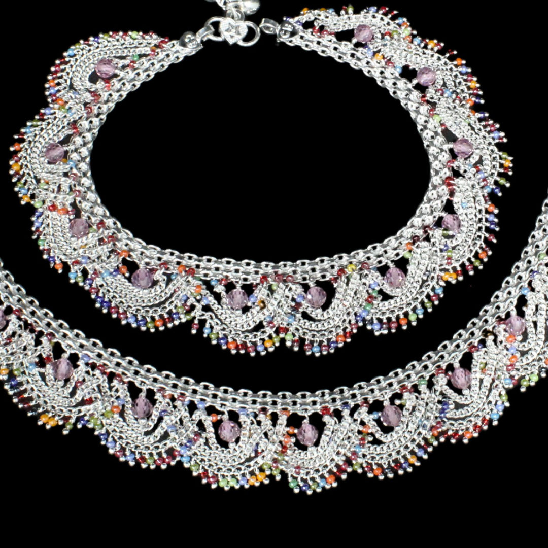 Real Silver Multi Beads Indian women cultural designer jhallar Anklets Ankle Pair 10.5"