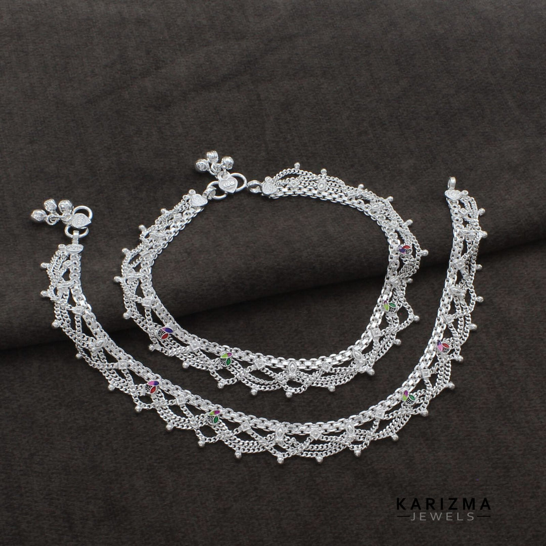 Real Sterling Silver Indian women party wear jhallar Anklets Ankle Pair 10.3"