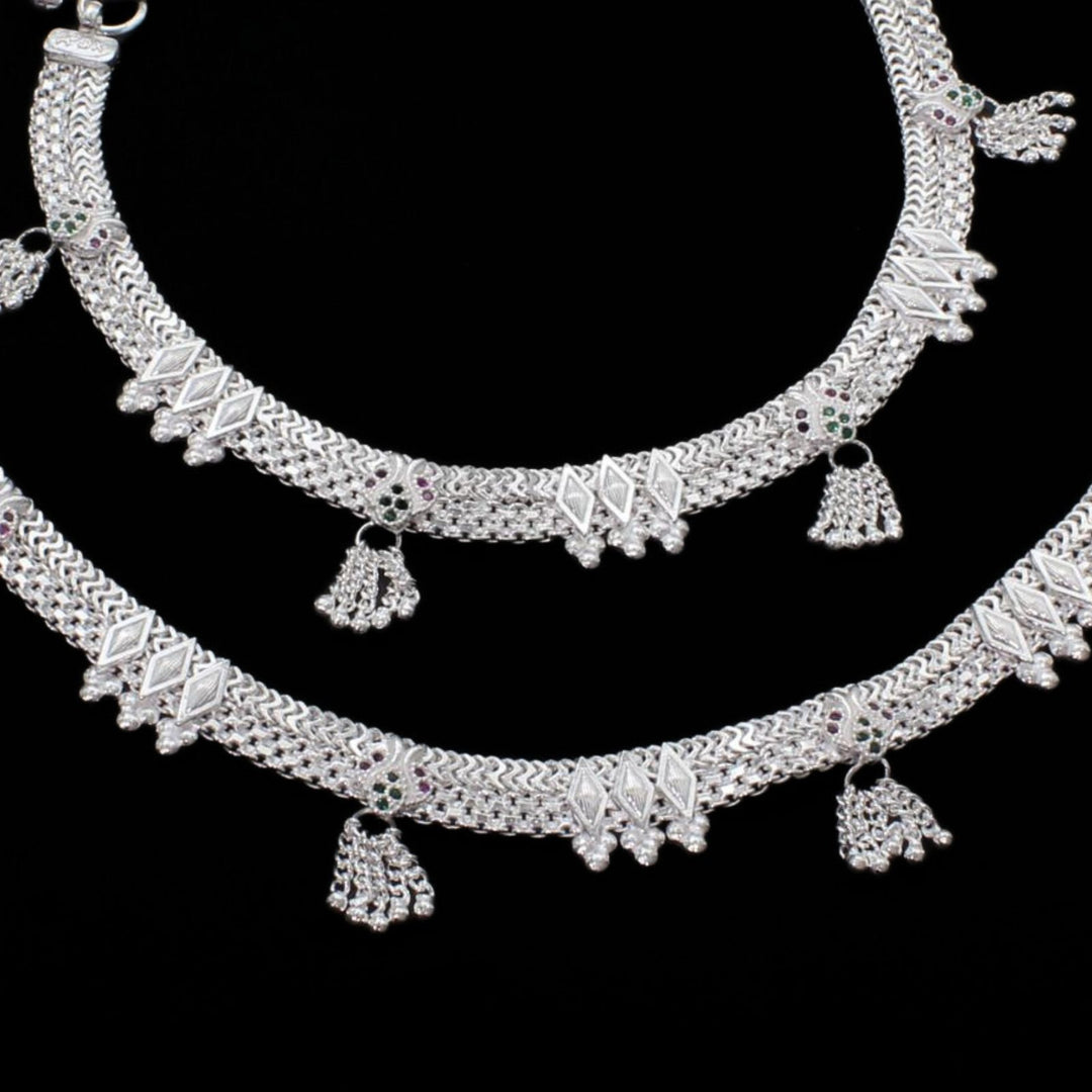 Traditional wedding wear Real Sterling Silver Indian women CZ Anklets Ankle Pair 10.3"