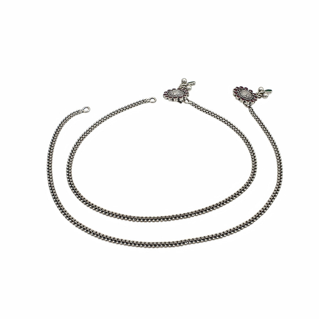 925 Sterling Silver Pink Green CZ Oxidised Boho Look Anklet Pair 10.3"