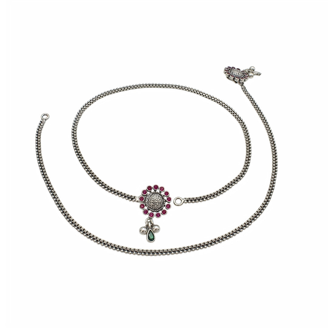 925 Sterling Silver Pink Green CZ Oxidised Boho Look Anklet Pair 10.3"