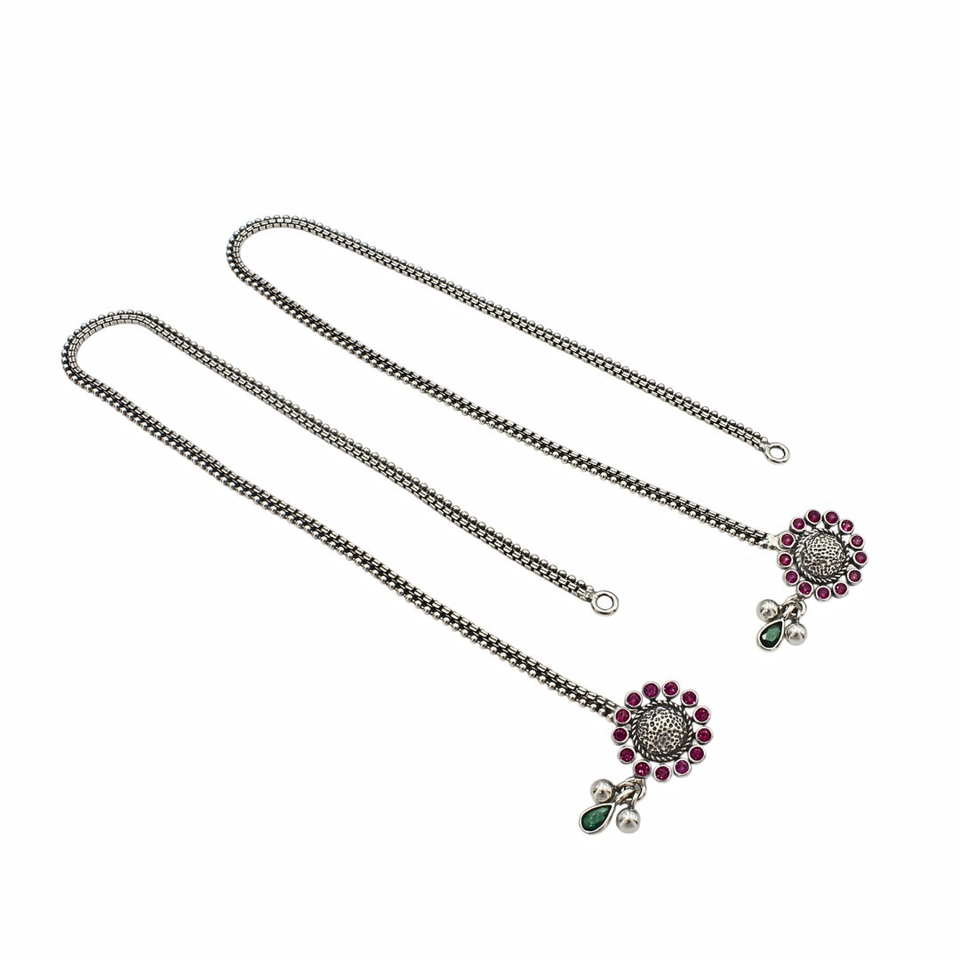 925 Sterling Silver Pink Green CZ Oxidised Boho Look Anklet Pair 10.3"