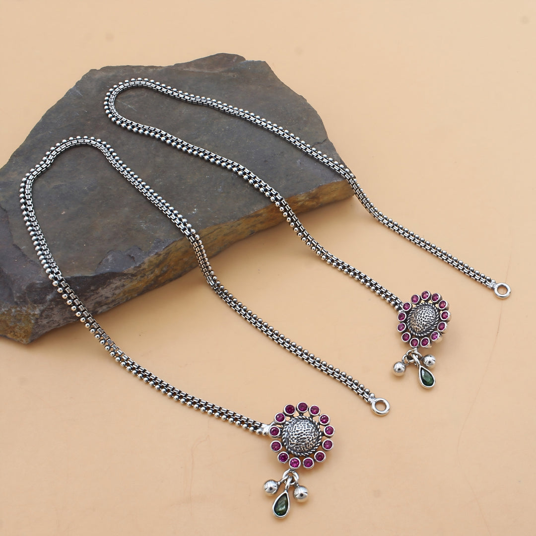 925 Sterling Silver Pink Green CZ Oxidised Boho Look Anklet Pair 10.3"