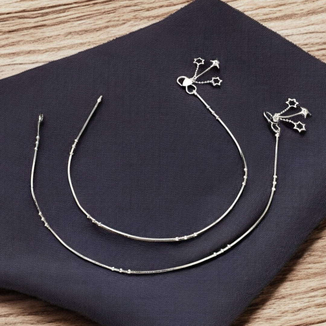 925 Sterling Silver girlish ball beaded Chain Anklet Pair 10.3"