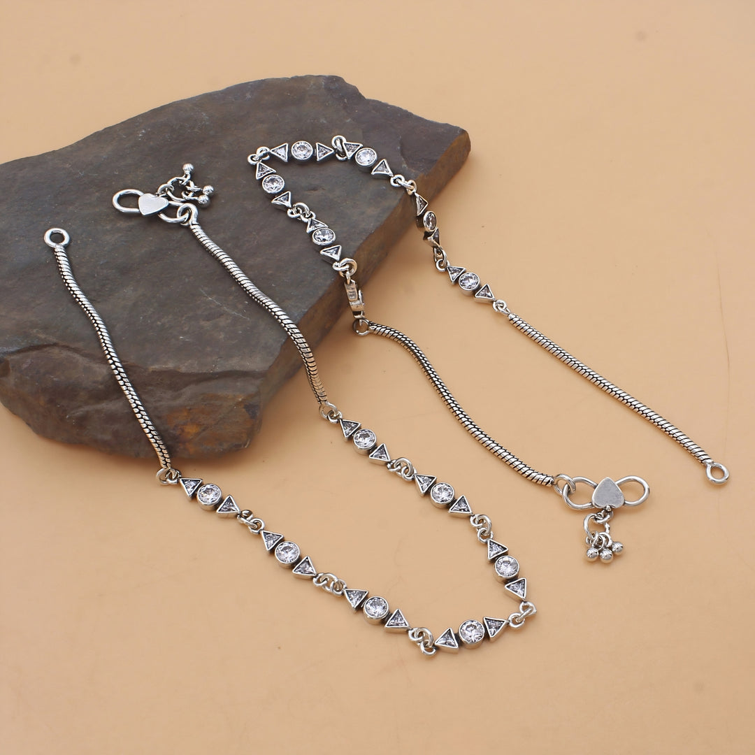 925 Sterling Silver White CZ Oxidised Foot Bracelet Anklet Pair 10.3"