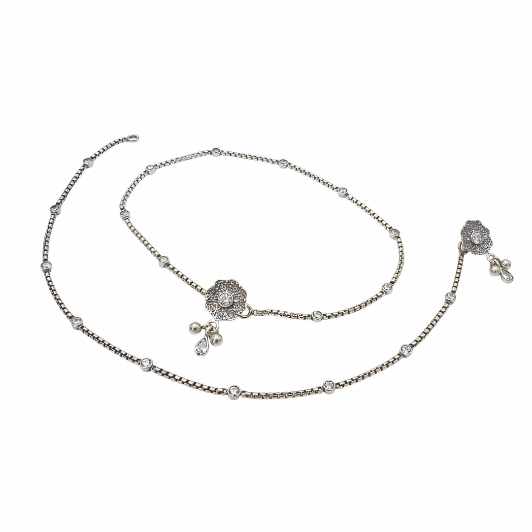 925 Sterling Silver White CZ Oxidised Daily Wear Anklet Pair 10.3"