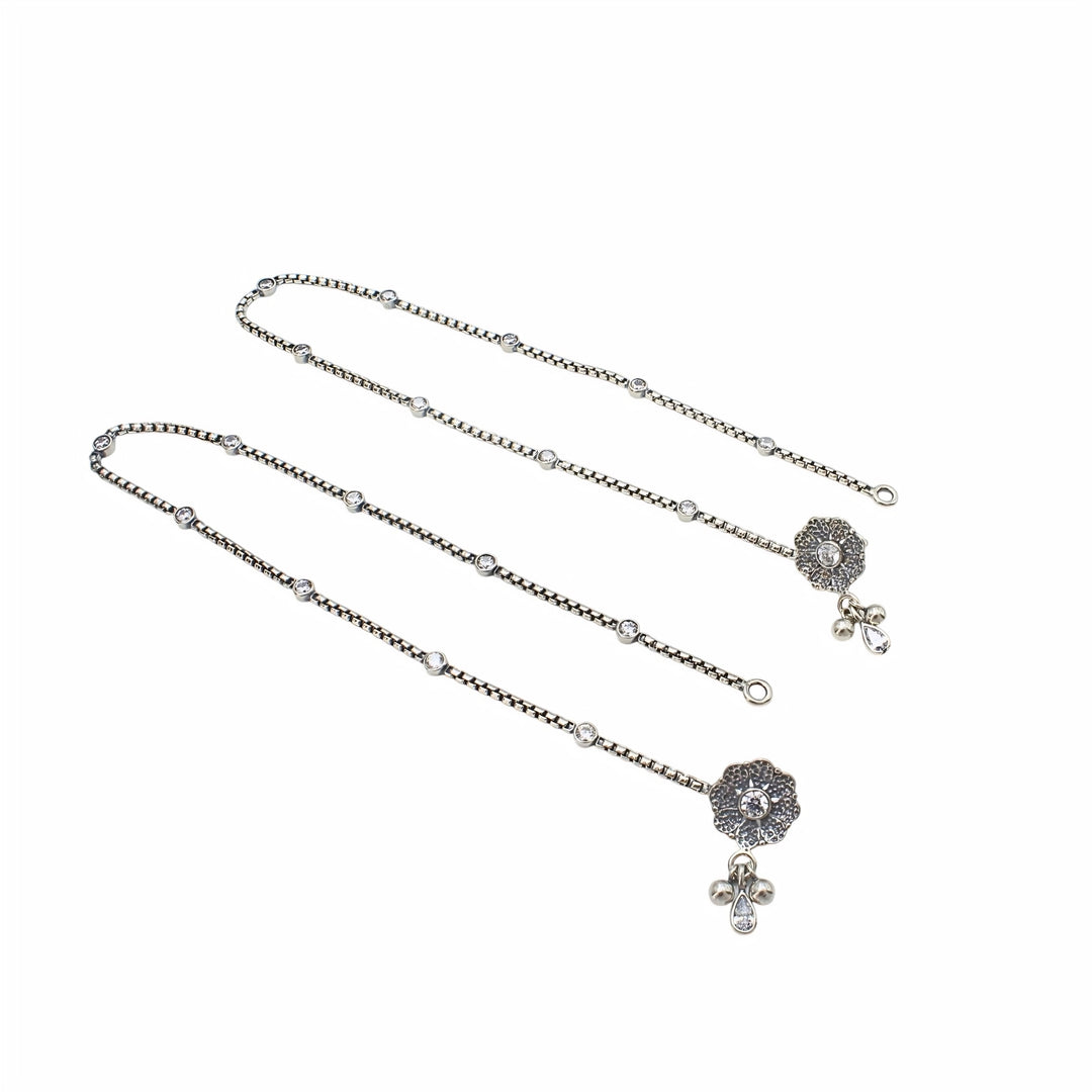 925 Sterling Silver White CZ Oxidised Daily Wear Anklet Pair 10.3"