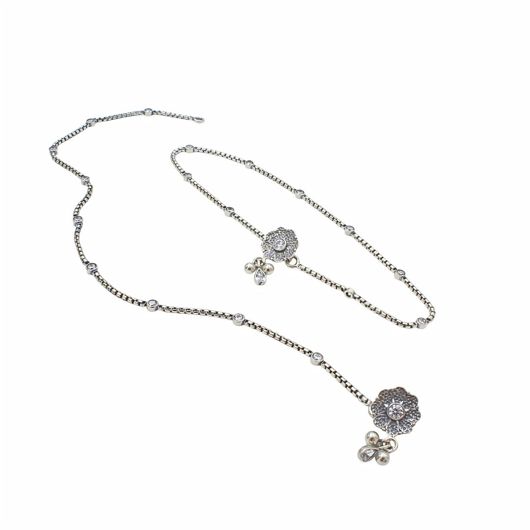925 Sterling Silver White CZ Oxidised Daily Wear Anklet Pair 10.3"
