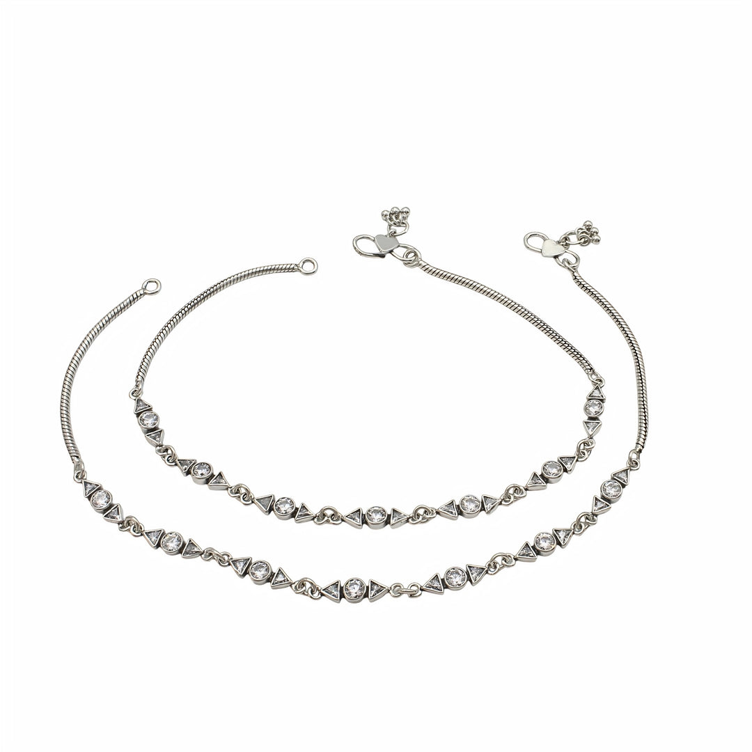 925 Sterling Silver White CZ Oxidised Foot Bracelet Anklet Pair 10.3"
