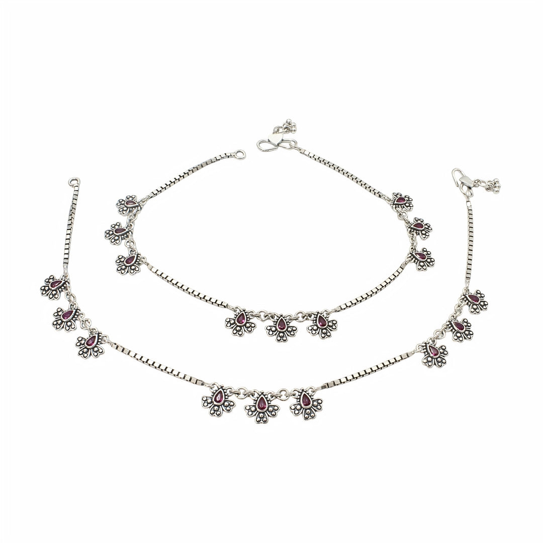 925 Sterling Silver Pink CZ Oxidised Peacock Feather Design Anklet Pair 10.3"
