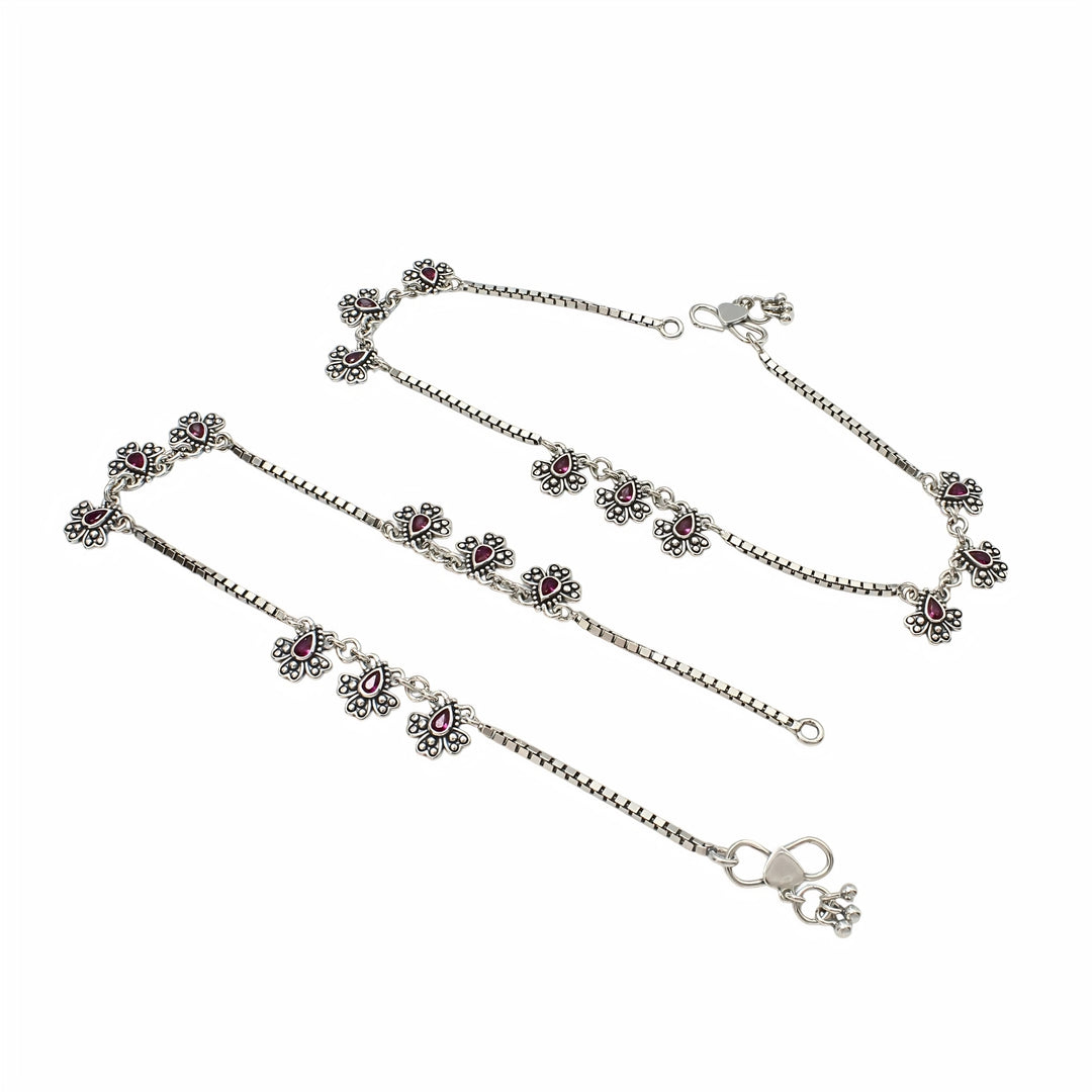 925 Sterling Silver Pink CZ Oxidised Peacock Feather Design Anklet Pair 10.3"