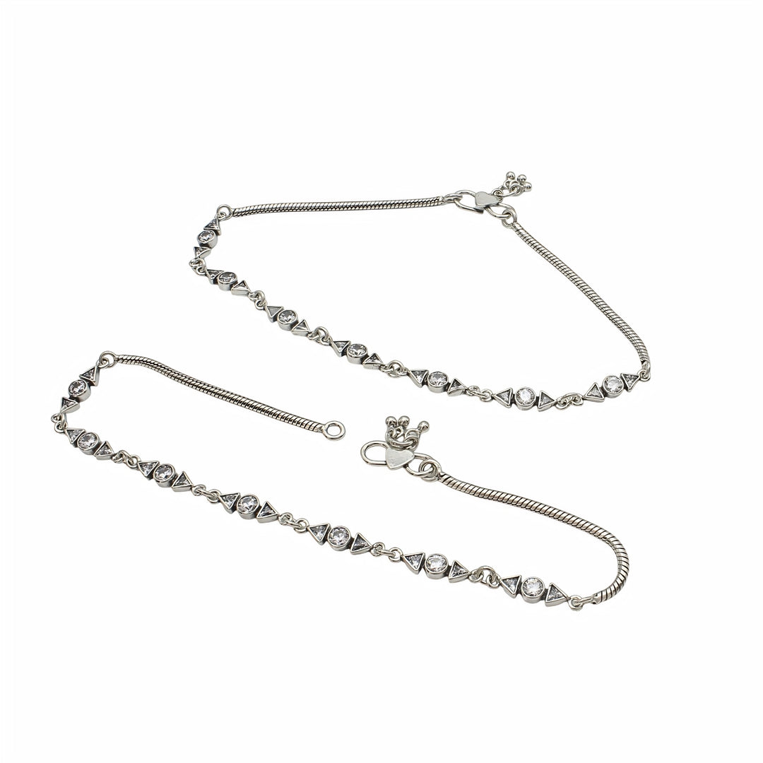925 Sterling Silver White CZ Oxidised Foot Bracelet Anklet Pair 10.3"