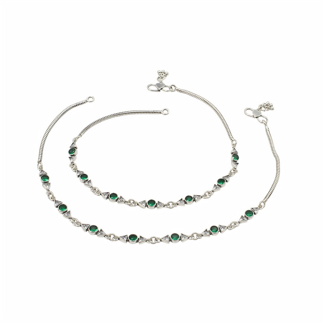 925 Sterling Silver Green White CZ Oxidised Snake-Link Anklet Pair 10.3"