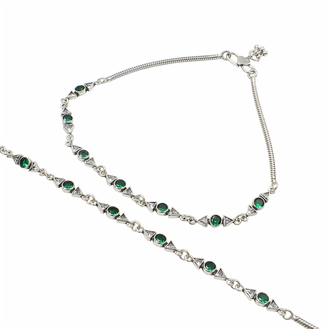 925 Sterling Silver Green White CZ Oxidised Snake-Link Anklet Pair 10.3"