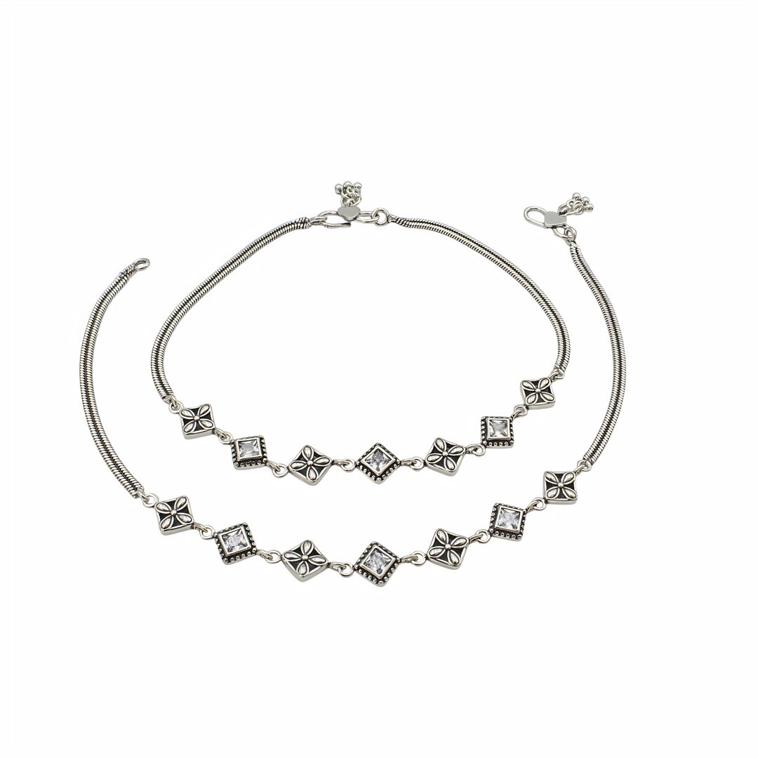 925 Sterling Silver White CZ Oxidised Floral stone-studded Anklet Pair 10"
