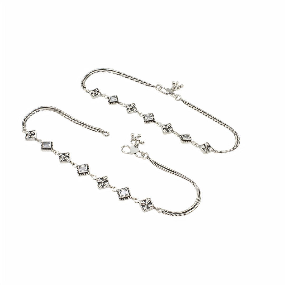 925 Sterling Silver White CZ Oxidised Floral stone-studded Anklet Pair 10"