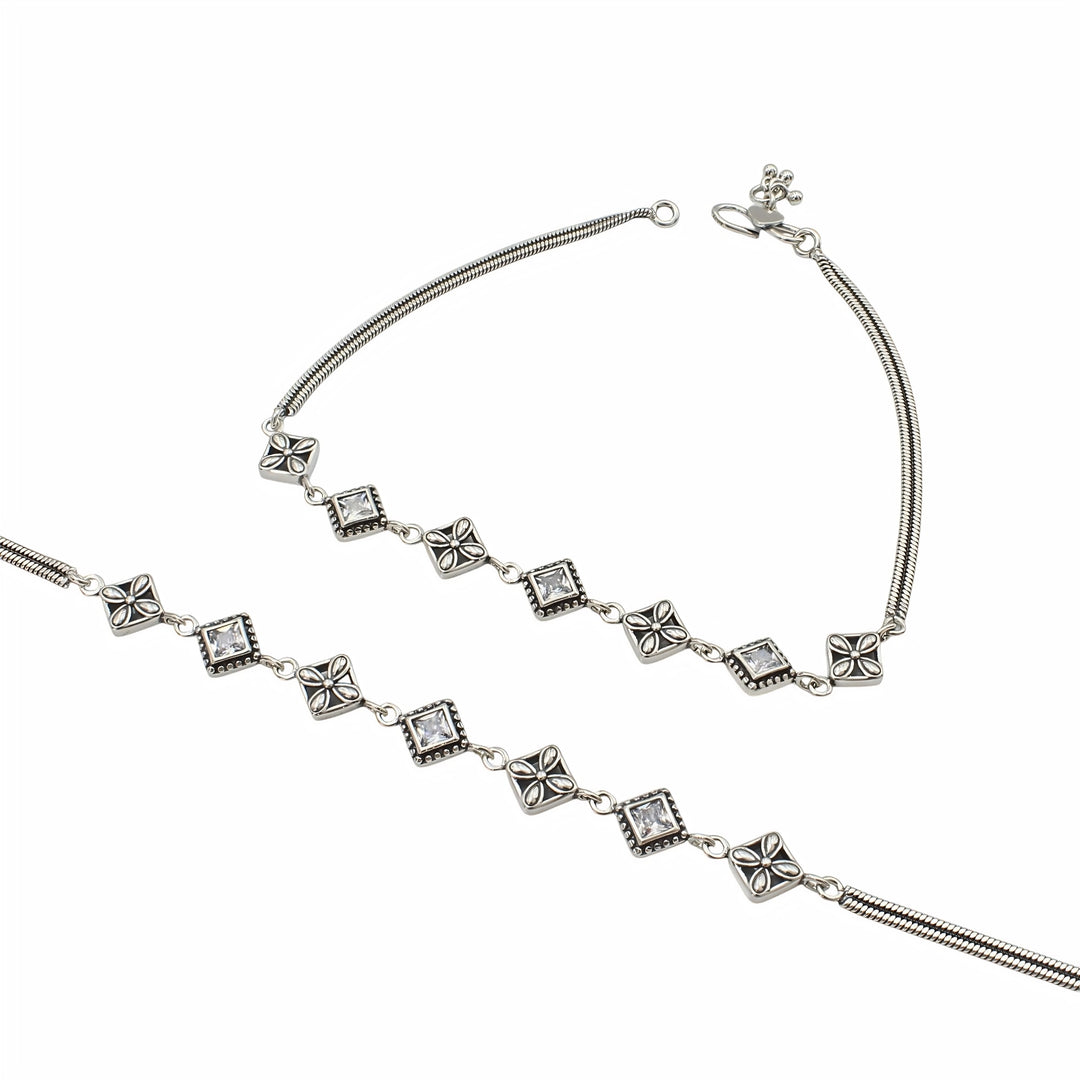 925 Sterling Silver White CZ Oxidised Floral stone-studded Anklet Pair 10"