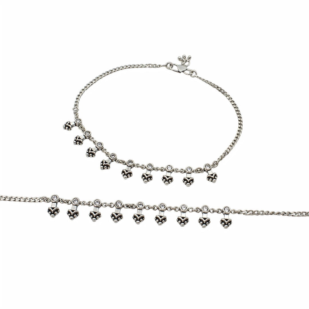 925 Sterling Silver White CZ Oxidised Floral Charm Anklet Pair 10.3"