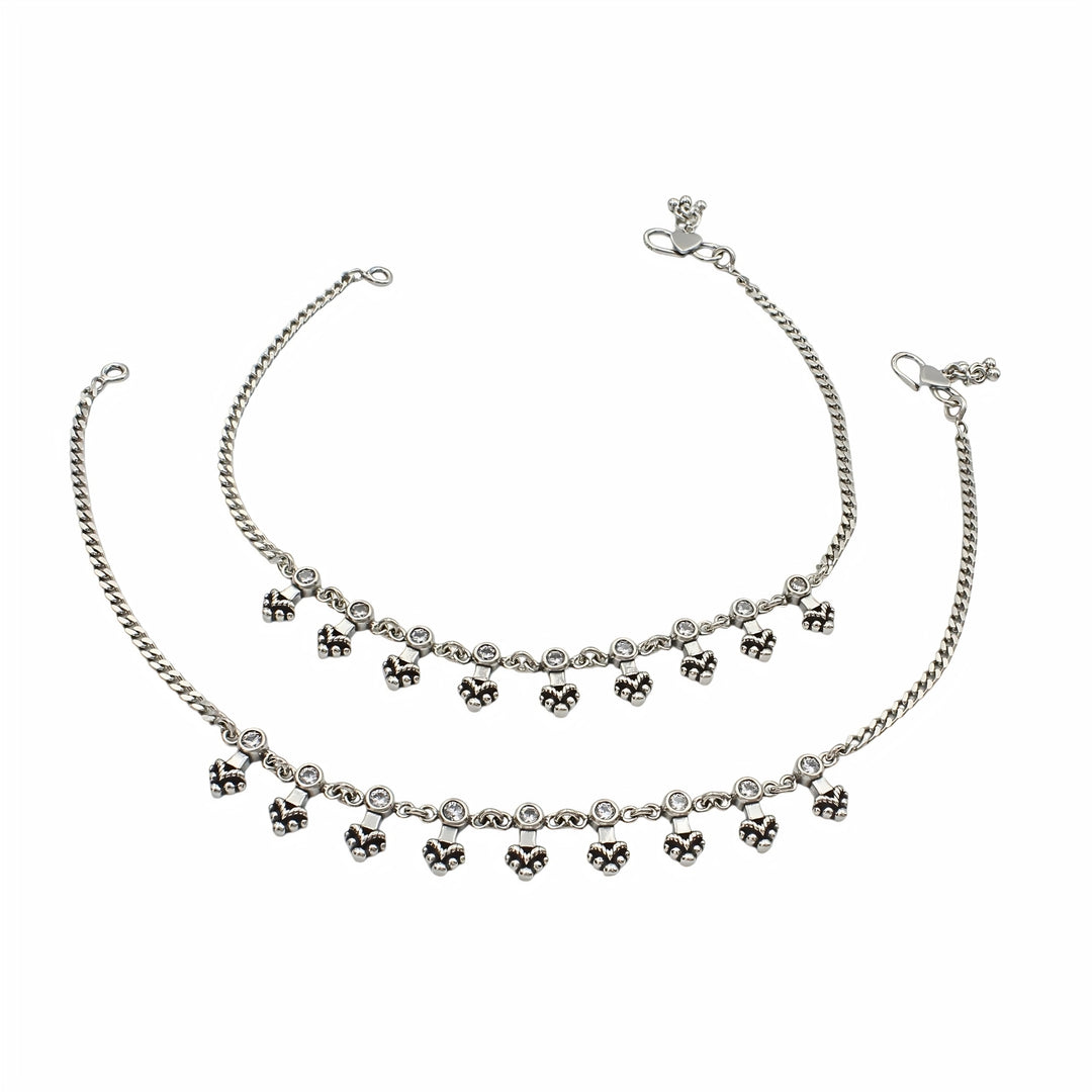 925 Sterling Silver White CZ Oxidised Floral Charm Anklet Pair 10.3"