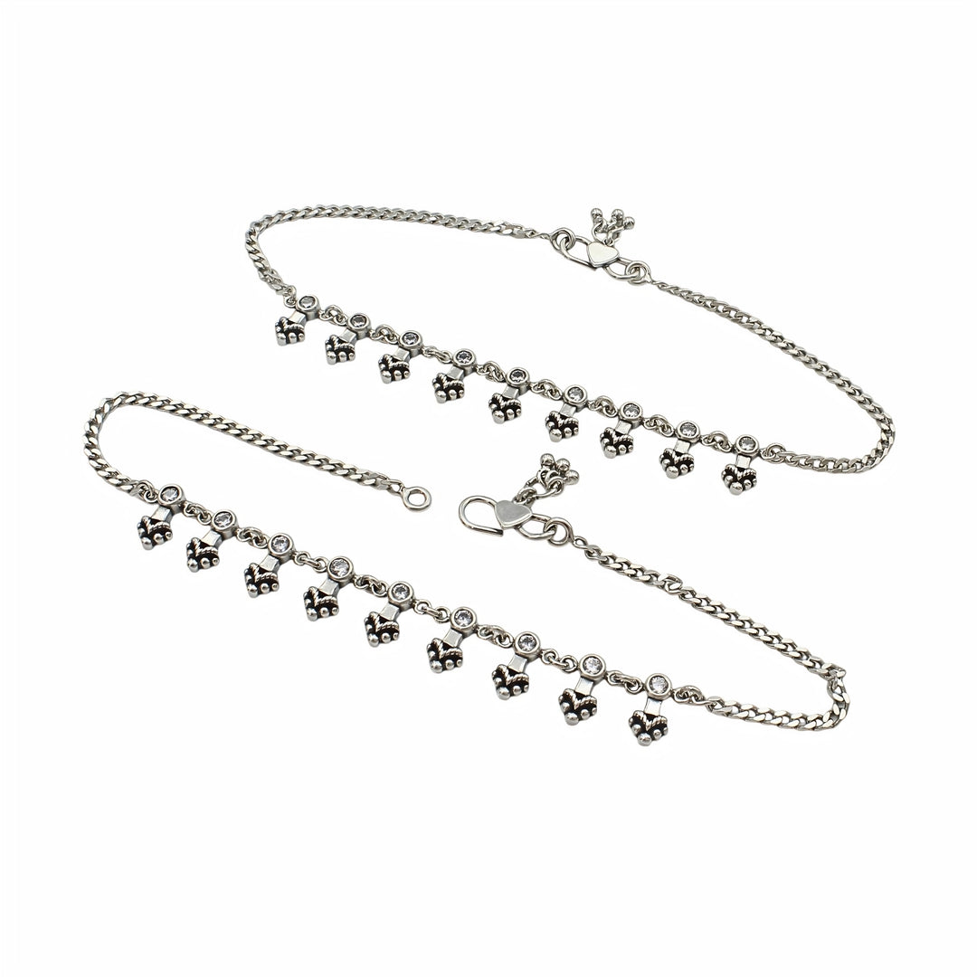 925 Sterling Silver White CZ Oxidised Floral Charm Anklet Pair 10.3"