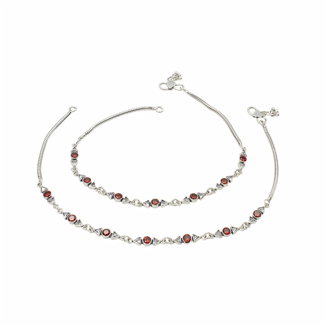 925 Sterling Silver Red White CZ Oxidised Casual Styling Anklet Pair 10.3"